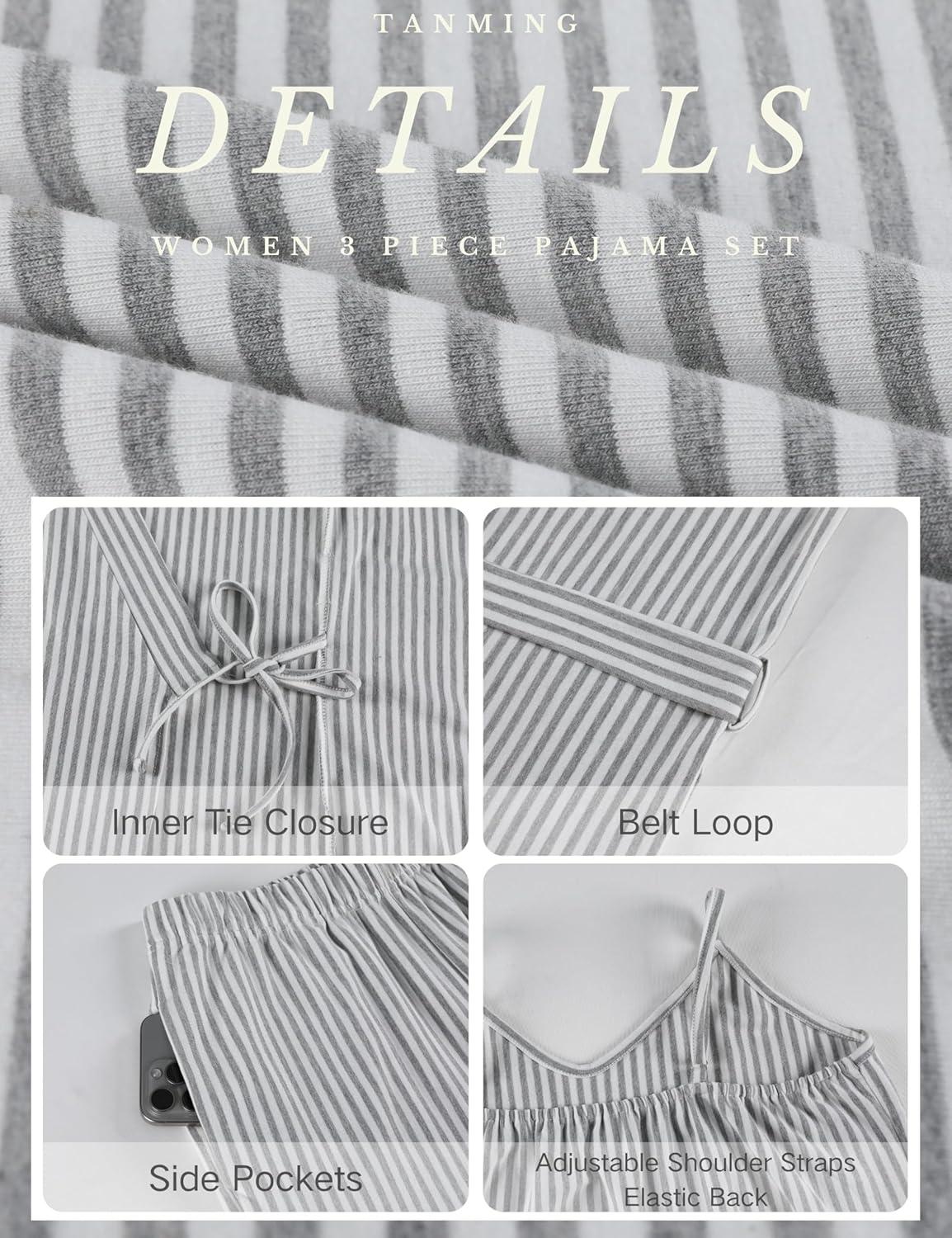 imageTanming Womens Pjs Sets 3 Piece Lounge Sets Striped Wrap Top Camisole Wide Leg Pants Cute Soft Pajama SetLightgrey