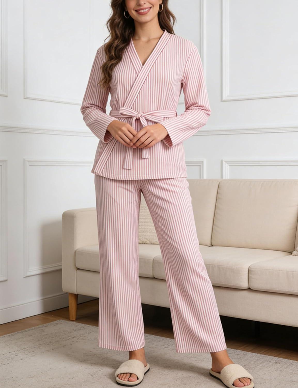 imageTanming Womens Pjs Sets 3 Piece Lounge Sets Striped Wrap Top Camisole Wide Leg Pants Cute Soft Pajama SetPink