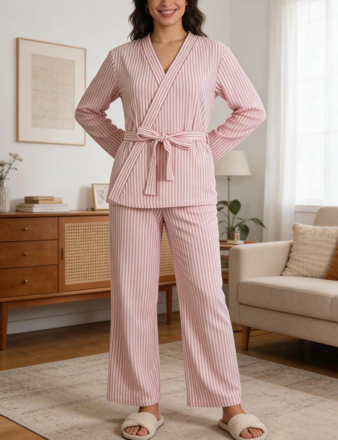 imageTanming Womens Pjs Sets 3 Piece Lounge Sets Striped Wrap Top Camisole Wide Leg Pants Cute Soft Pajama SetPink