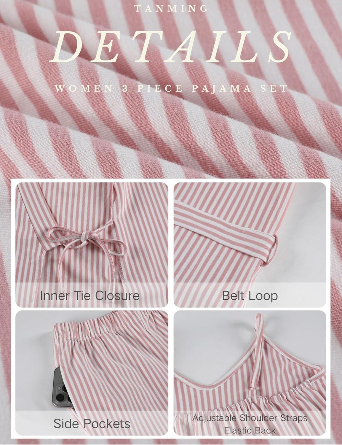 imageTanming Womens Pjs Sets 3 Piece Lounge Sets Striped Wrap Top Camisole Wide Leg Pants Cute Soft Pajama SetPink