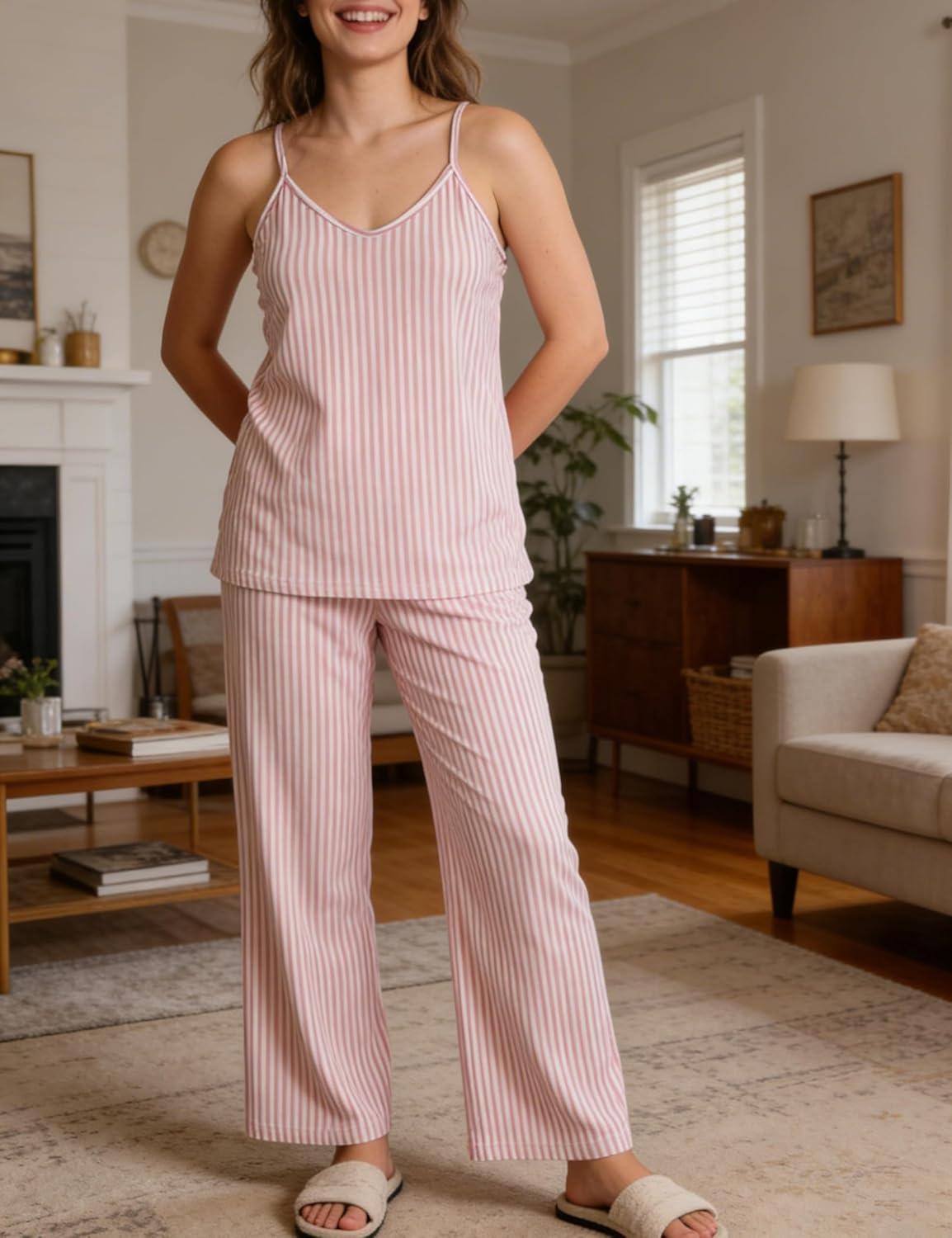 imageTanming Womens Pjs Sets 3 Piece Lounge Sets Striped Wrap Top Camisole Wide Leg Pants Cute Soft Pajama SetPink