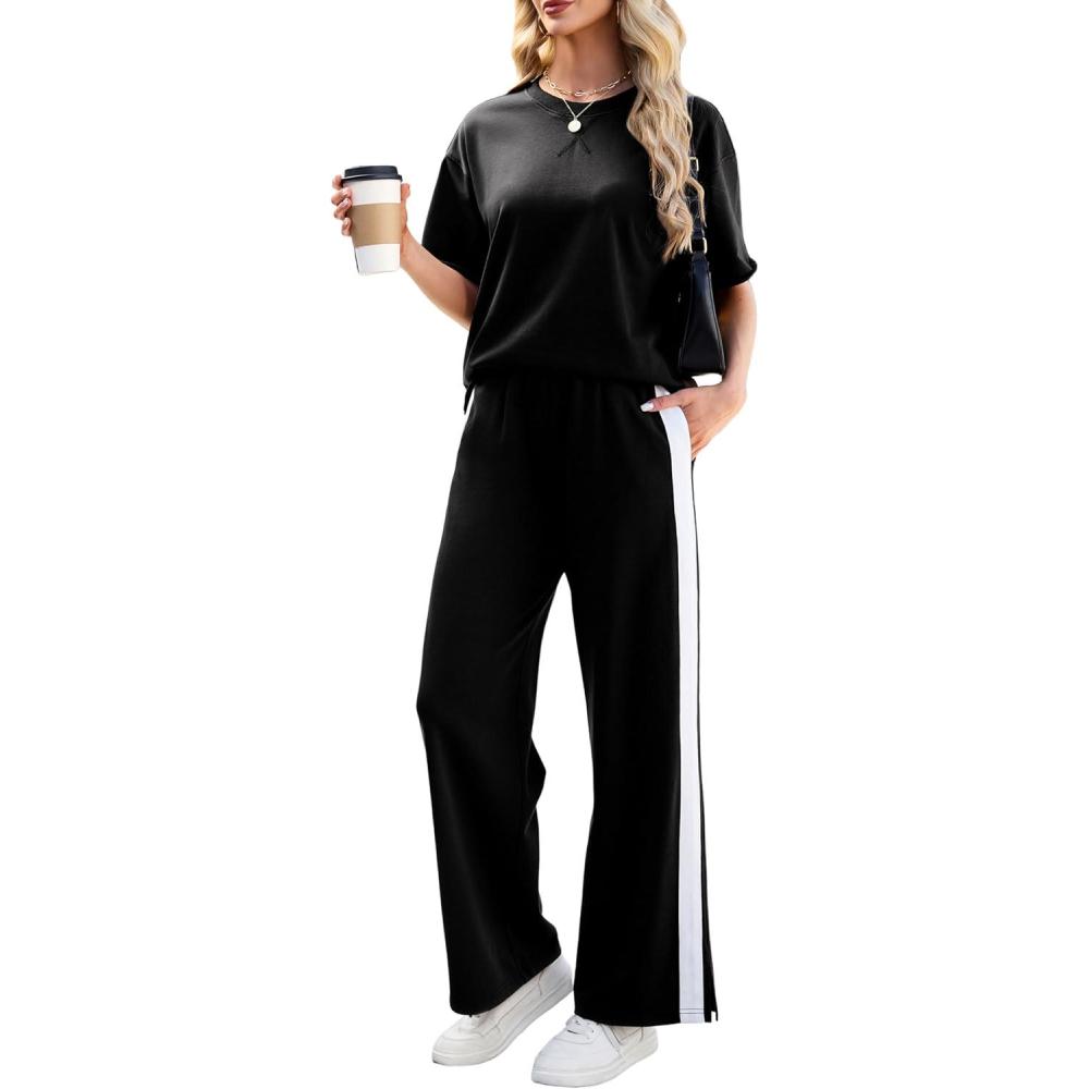 imageTanming Two Piece Sets for Women Travel Vacation Outfits Lounge Sets Short Sleeve Tops Striped Wide Leg Pants TracksuitsBlack