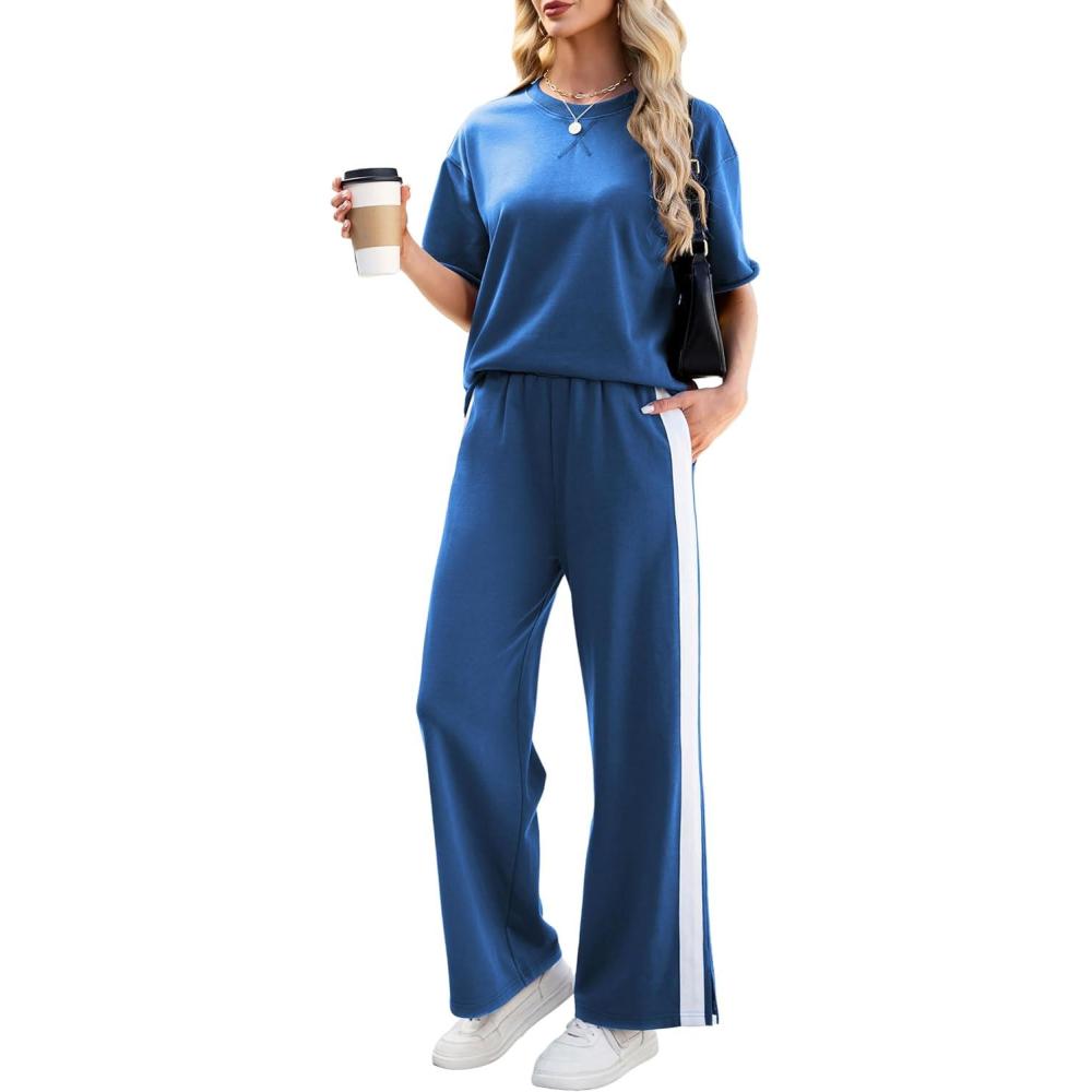 imageTanming Two Piece Sets for Women Travel Vacation Outfits Lounge Sets Short Sleeve Tops Striped Wide Leg Pants TracksuitsKlein Blue
