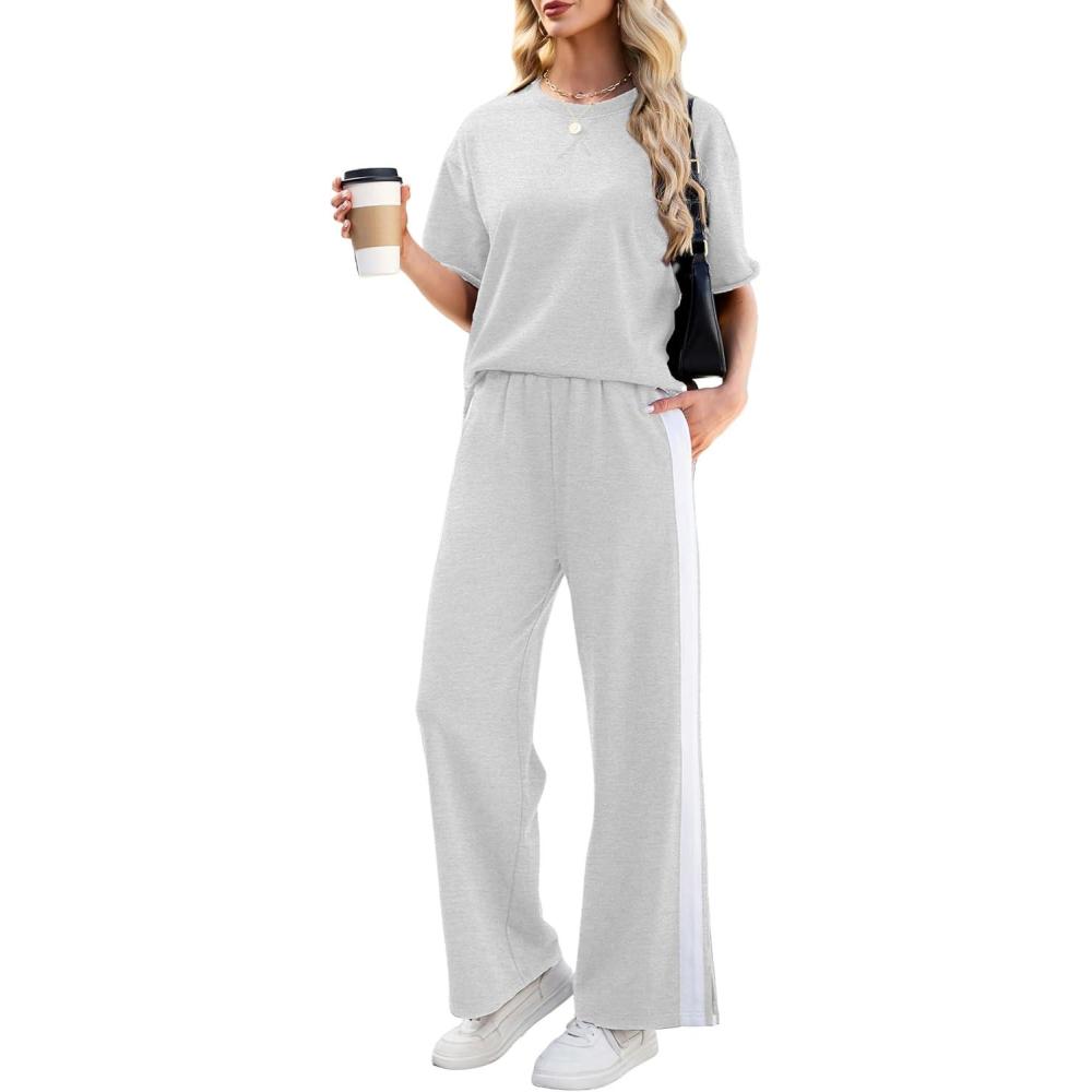 imageTanming Two Piece Sets for Women Travel Vacation Outfits Lounge Sets Short Sleeve Tops Striped Wide Leg Pants TracksuitsLight Grey