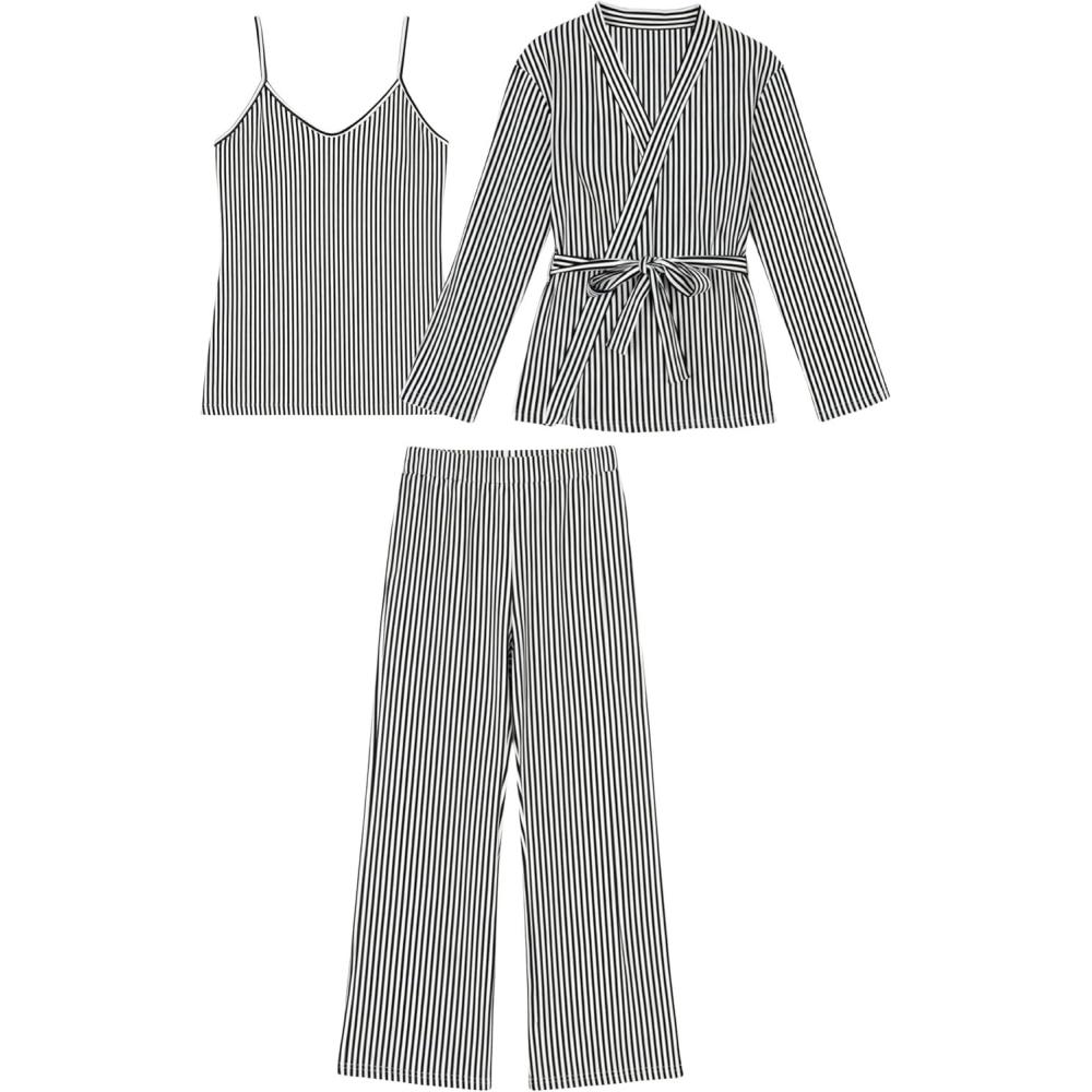 imageTanming Womens Pjs Sets 3 Piece Lounge Sets Striped Wrap Top Camisole Wide Leg Pants Cute Soft Pajama SetBlack