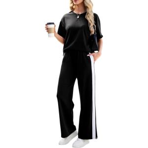 Tanming Two Piece Sets for Women Travel Vacation Outfits Lounge Sets Short Sleeve Tops Striped Wide Leg Pants Tracksuits(Black)