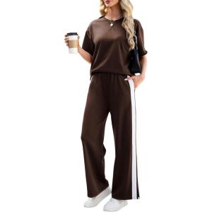 Tanming Two Piece Sets for Women Travel Vacation Outfits Lounge Sets Short Sleeve Tops Striped Wide Leg Pants Tracksuits(Coffee)