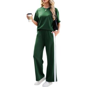 Tanming Two Piece Sets for Women Travel Vacation Outfits Lounge Sets Short Sleeve Tops Striped Wide Leg Pants Tracksuits(Dark Green)