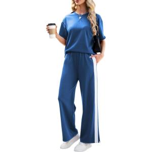 Tanming Two Piece Sets for Women Travel Vacation Outfits Lounge Sets Short Sleeve Tops Striped Wide Leg Pants Tracksuits(Klein Blue)