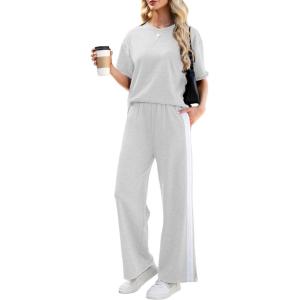 Tanming Two Piece Sets for Women Travel Vacation Outfits Lounge Sets Short Sleeve Tops Striped Wide Leg Pants Tracksuits(Light Grey)