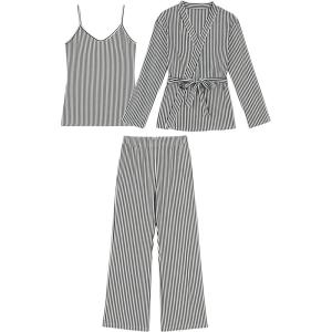 Tanming Womens Pjs Sets 3 Piece Lounge Sets Striped Wrap Top Camisole Wide Leg Pants Cute Soft Pajama Set(Black)