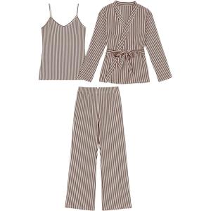 Tanming Womens Pjs Sets 3 Piece Lounge Sets Striped Wrap Top Camisole Wide Leg Pants Cute Soft Pajama Set(Brown)