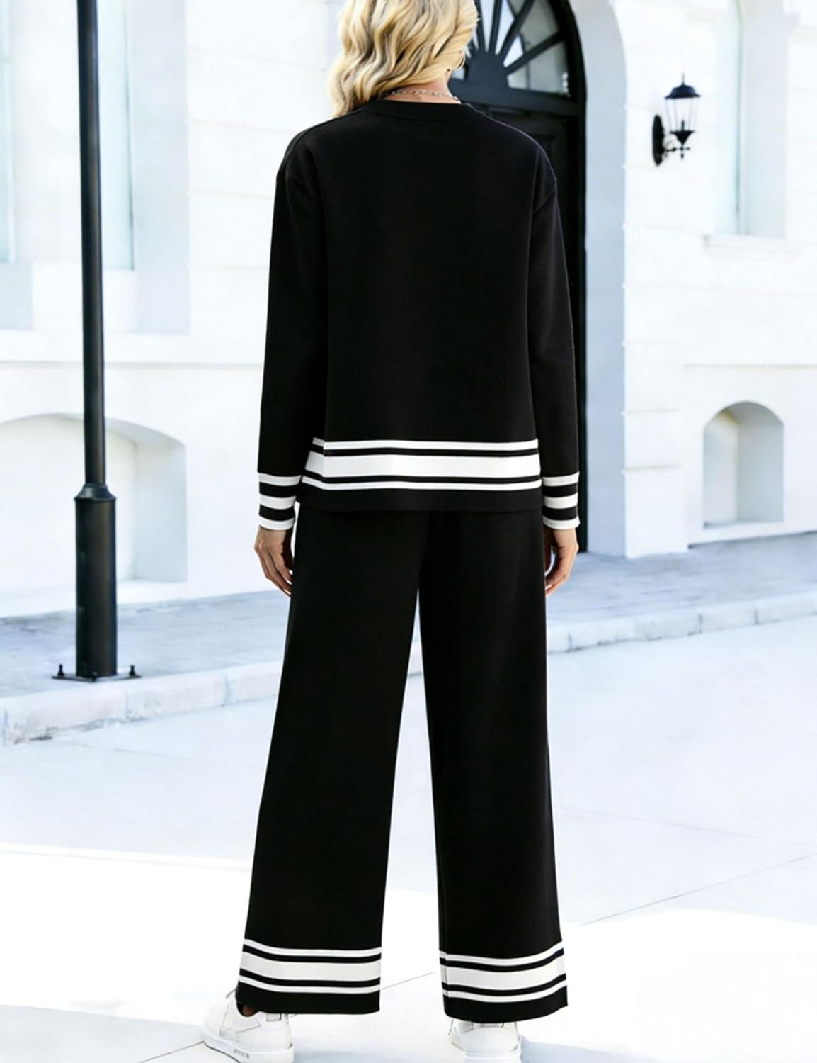 imageTanming 2 Piece Sets For Women Knit Lounge Set Long Sleeve Pullover Wide Leg Pants Spring Fall Matching Outfits TracksuitsBlack