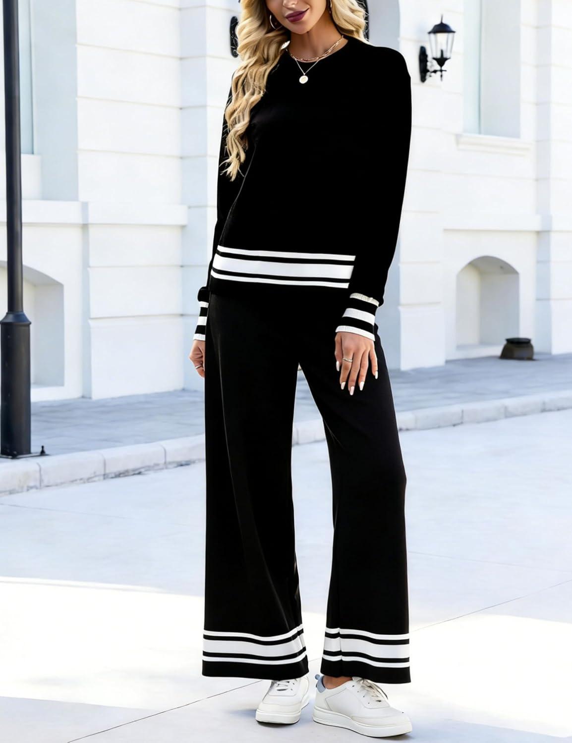imageTanming 2 Piece Sets For Women Knit Lounge Set Long Sleeve Pullover Wide Leg Pants Spring Fall Matching Outfits TracksuitsBlack