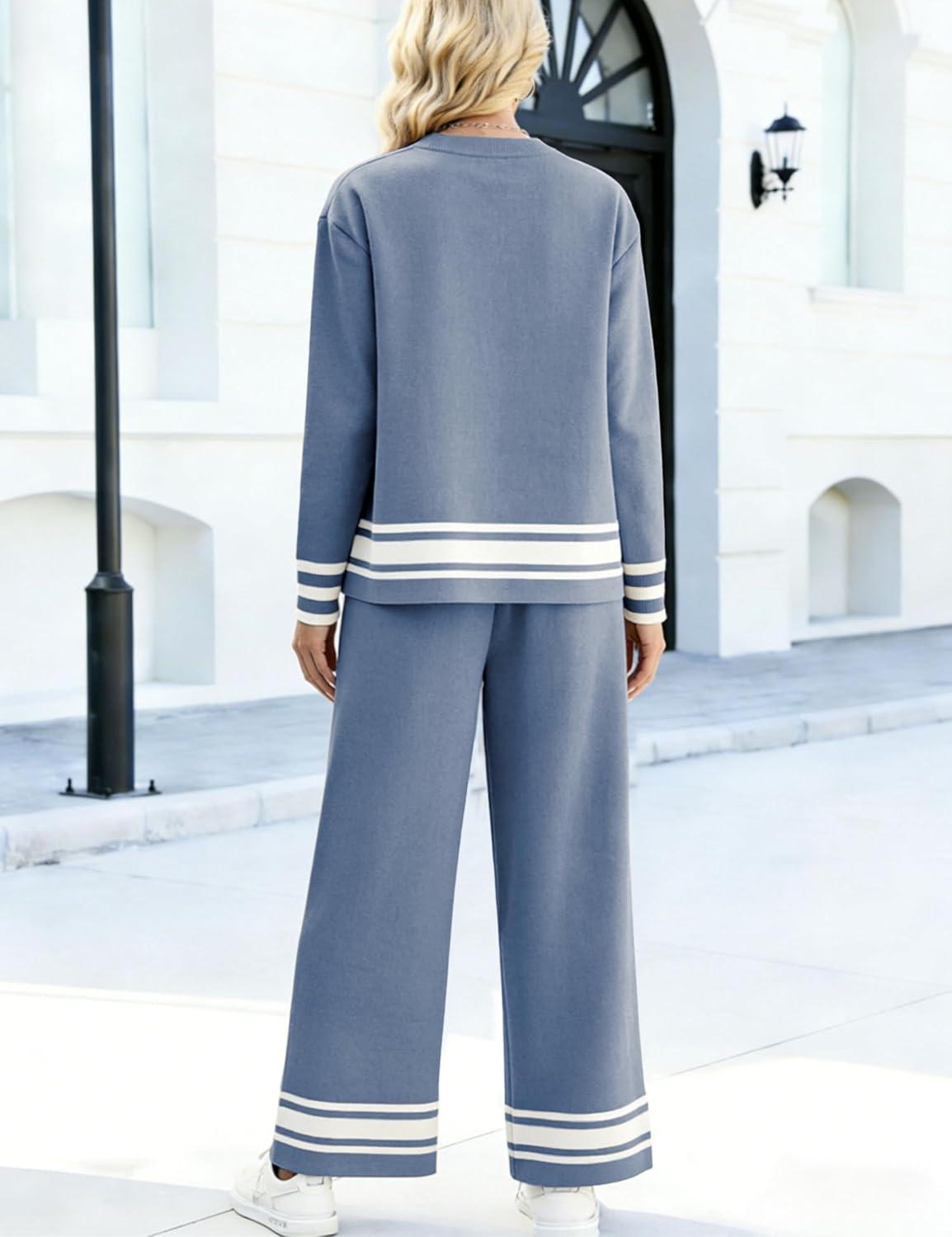 imageTanming 2 Piece Sets For Women Knit Lounge Set Long Sleeve Pullover Wide Leg Pants Spring Fall Matching Outfits TracksuitsBlue