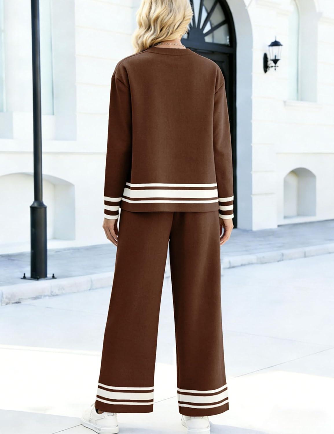 imageTanming 2 Piece Sets For Women Knit Lounge Set Long Sleeve Pullover Wide Leg Pants Spring Fall Matching Outfits TracksuitsBrown