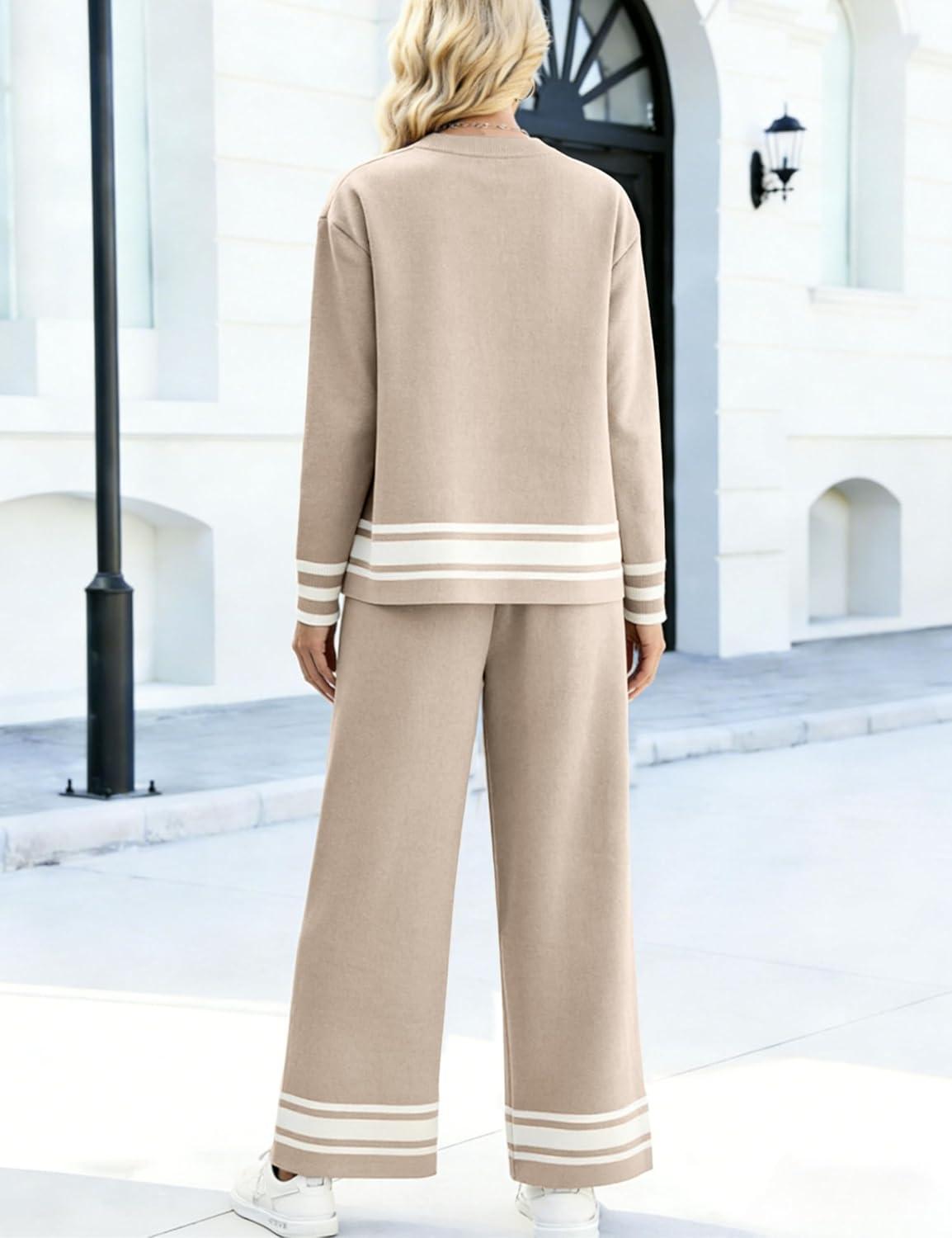 imageTanming 2 Piece Sets For Women Knit Lounge Set Long Sleeve Pullover Wide Leg Pants Spring Fall Matching Outfits TracksuitsKhaki