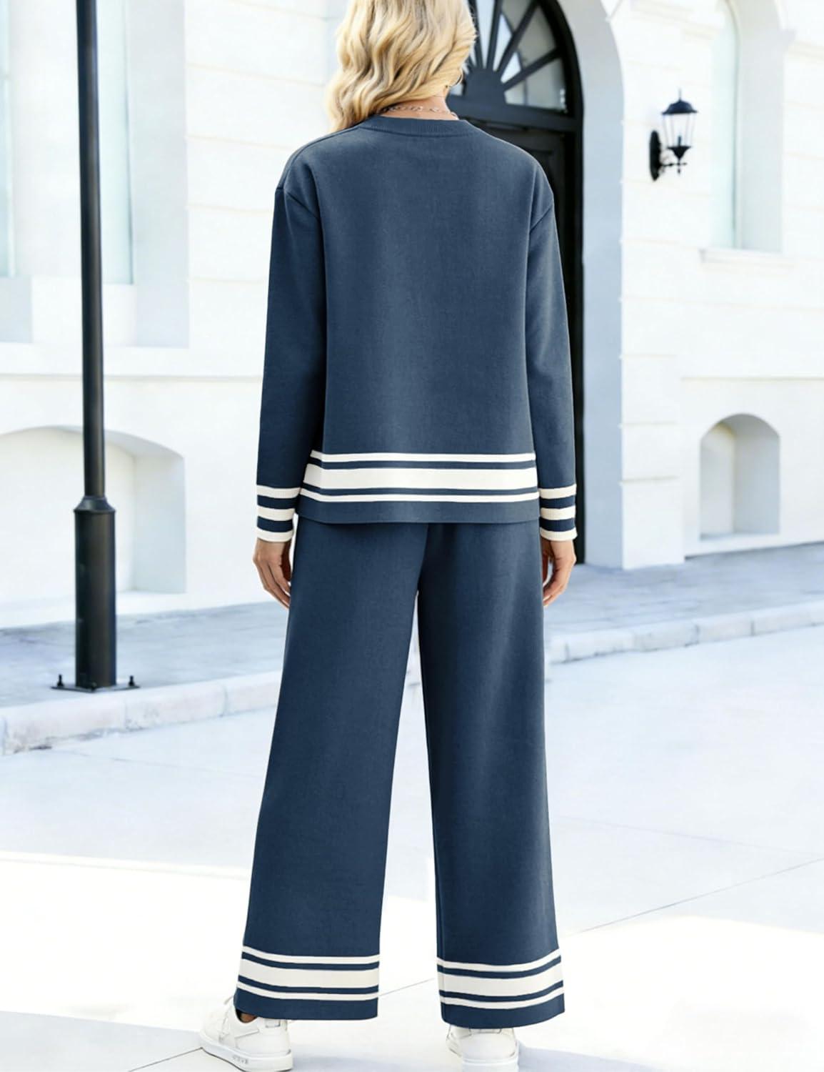 imageTanming 2 Piece Sets For Women Knit Lounge Set Long Sleeve Pullover Wide Leg Pants Spring Fall Matching Outfits TracksuitsNavy