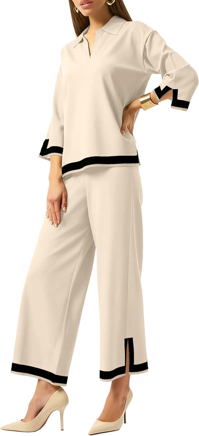 imageTanming Womens 2 Piece Outfits 34 Sleeve Knit Sweater Top Wide Leg Pants Travel Set TracksuitsApricot