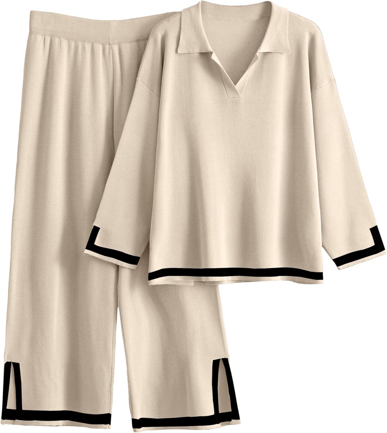 imageTanming Womens 2 Piece Outfits 34 Sleeve Knit Sweater Top Wide Leg Pants Travel Set TracksuitsApricot
