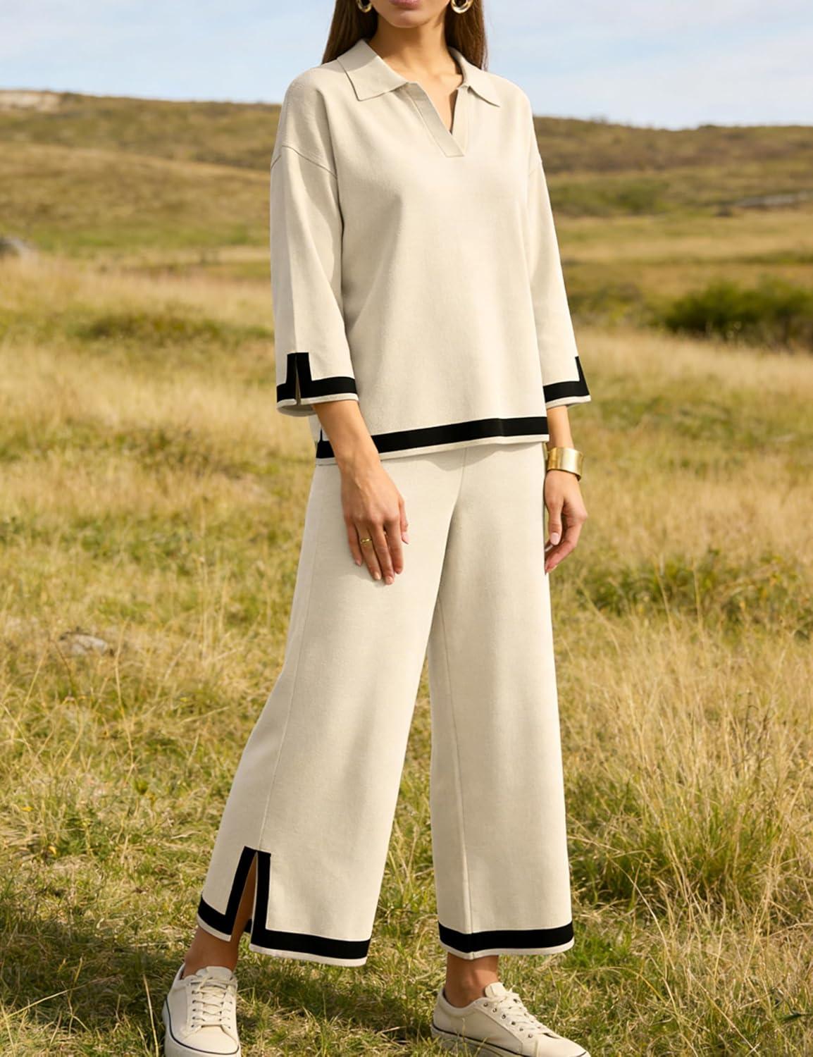 imageTanming Womens 2 Piece Outfits 34 Sleeve Knit Sweater Top Wide Leg Pants Travel Set TracksuitsApricot