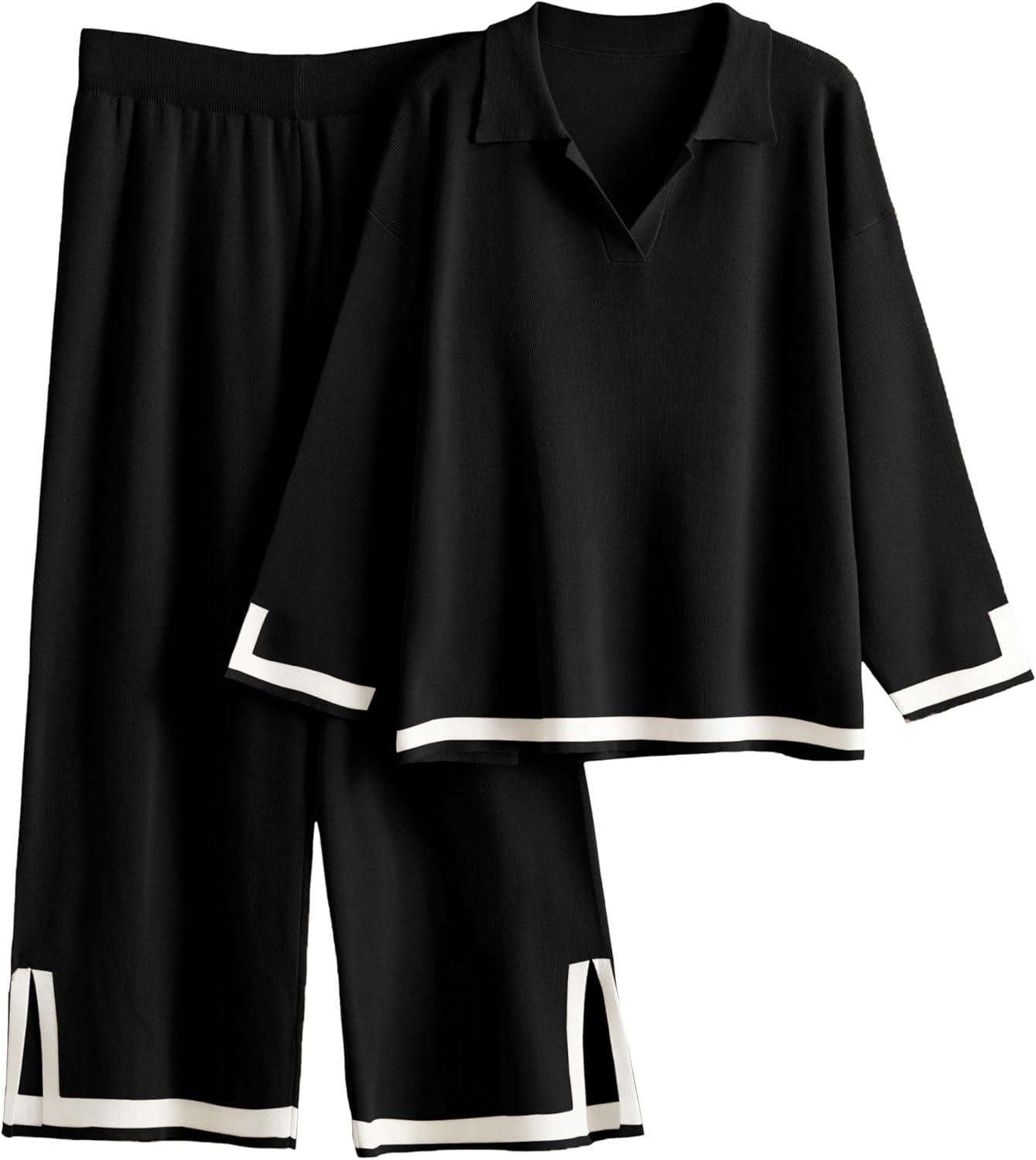 imageTanming Womens 2 Piece Outfits 34 Sleeve Knit Sweater Top Wide Leg Pants Travel Set TracksuitsBlack