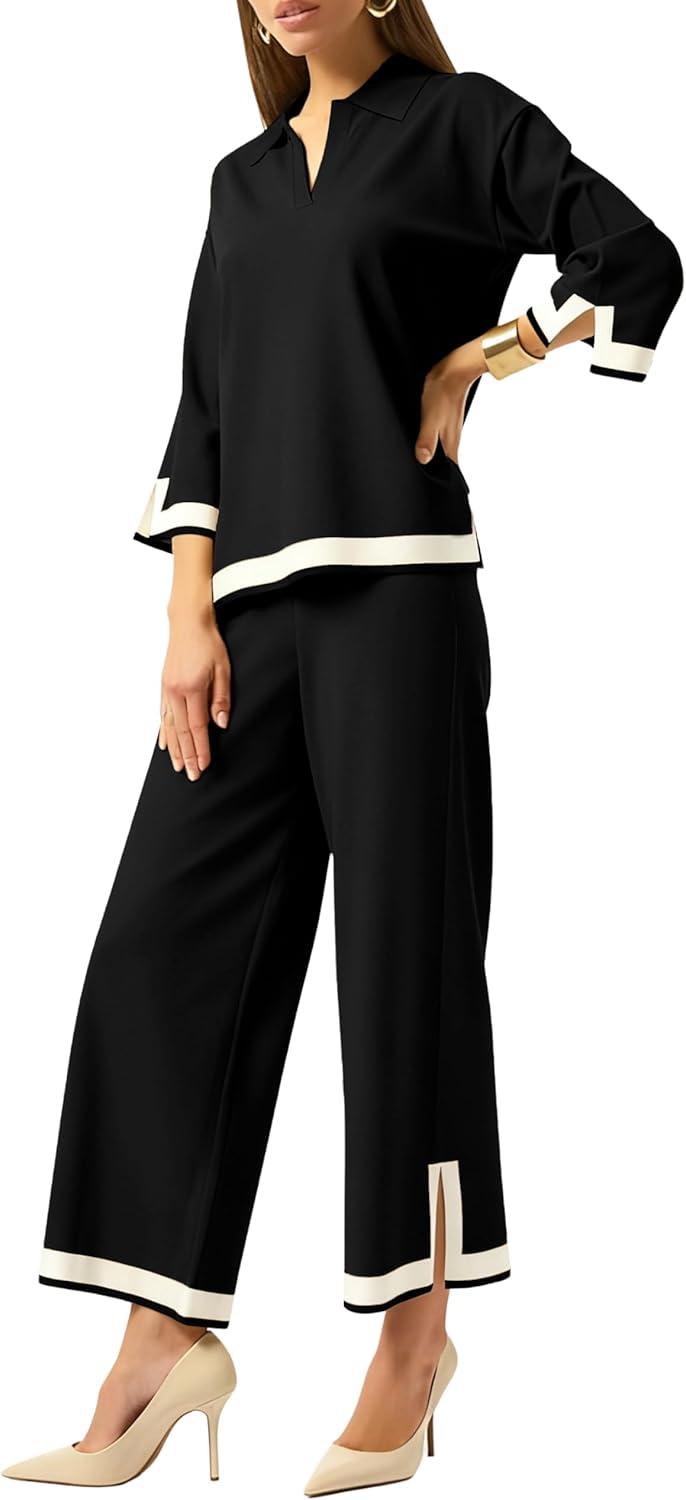 imageTanming Womens 2 Piece Outfits 34 Sleeve Knit Sweater Top Wide Leg Pants Travel Set TracksuitsBlack