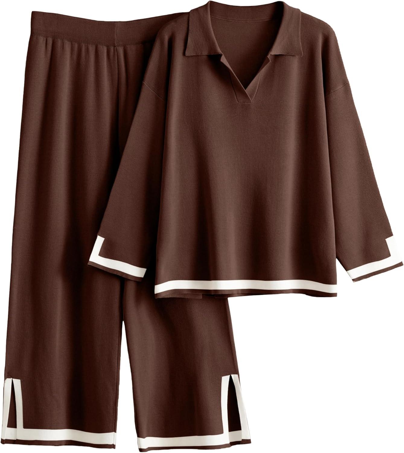 imageTanming Womens 2 Piece Outfits 34 Sleeve Knit Sweater Top Wide Leg Pants Travel Set TracksuitsBrown