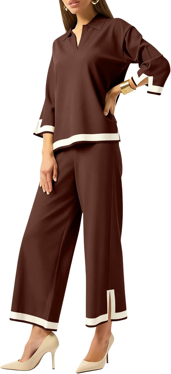 imageTanming Womens 2 Piece Outfits 34 Sleeve Knit Sweater Top Wide Leg Pants Travel Set TracksuitsBrown