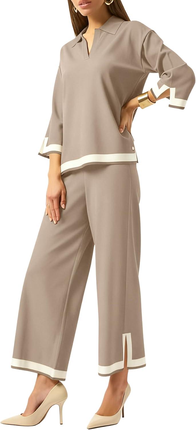 imageTanming Womens 2 Piece Outfits 34 Sleeve Knit Sweater Top Wide Leg Pants Travel Set TracksuitsKhaki