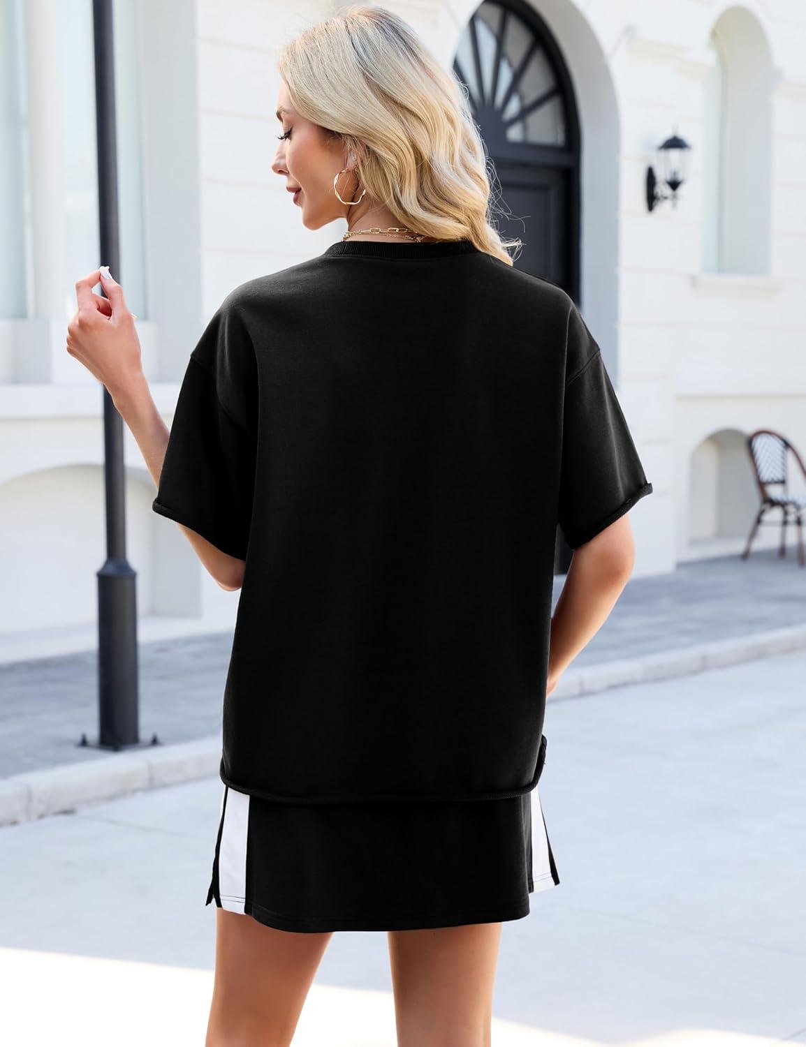 imageTanming Womens 2 Piece Skirt Sets Outfits Casual Crewneck T Shirt Elastic Waist Skirt Travel Lounge Matching SetBlack