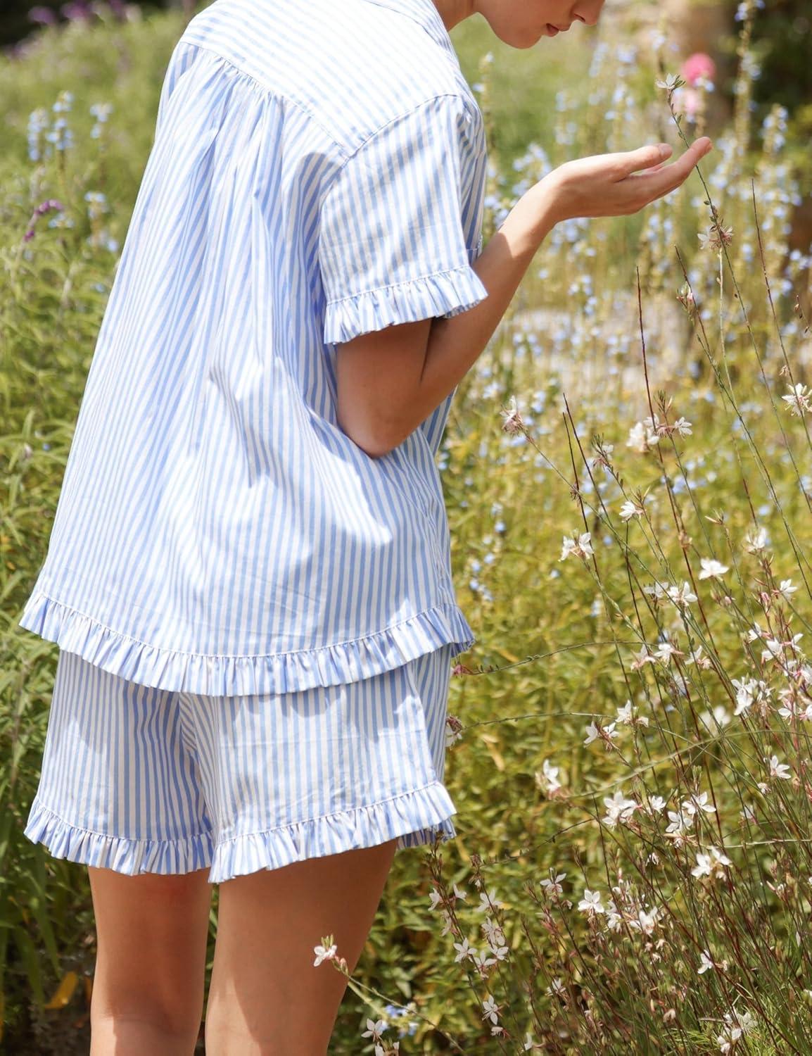 imageTanming Womens Striped Pajama Sets Button Down Pjs 2 Piece Short Sleeve Sleepwear with Shorts Soft LoungewearBlue