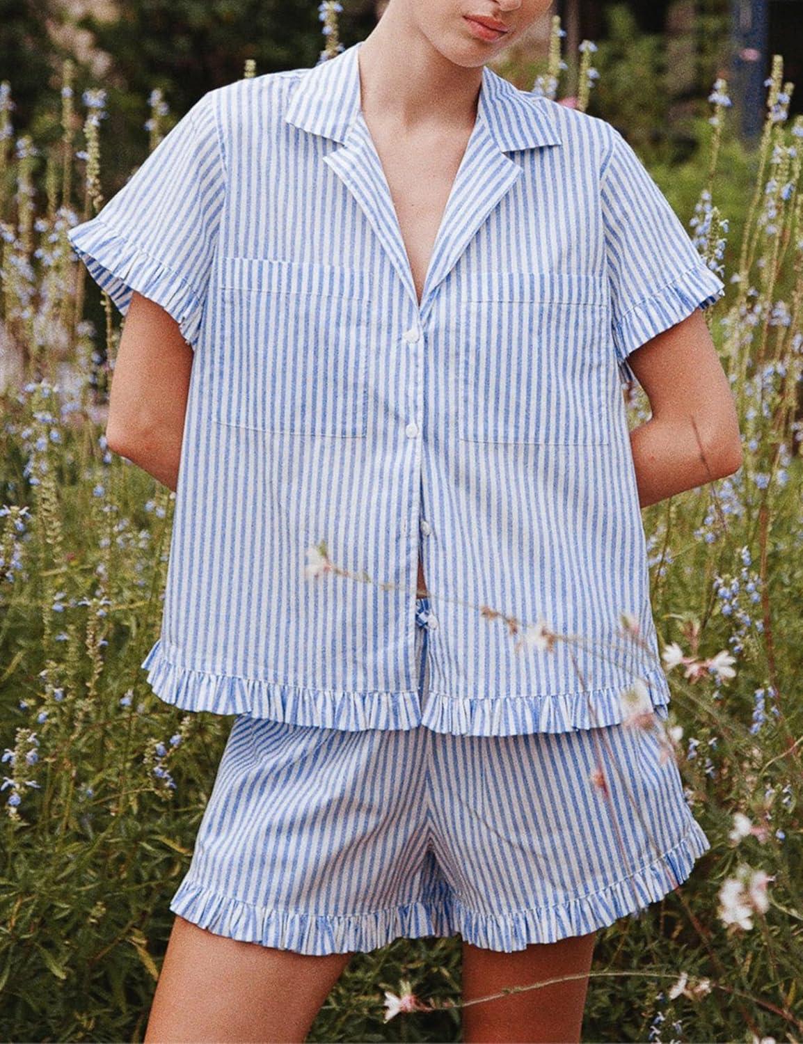 imageTanming Womens Striped Pajama Sets Button Down Pjs 2 Piece Short Sleeve Sleepwear with Shorts Soft LoungewearBlue