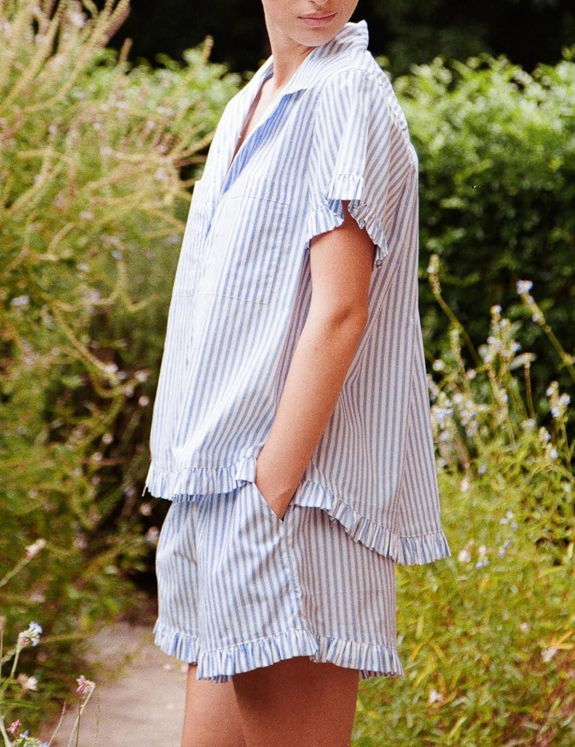 imageTanming Womens Striped Pajama Sets Button Down Pjs 2 Piece Short Sleeve Sleepwear with Shorts Soft LoungewearBlue
