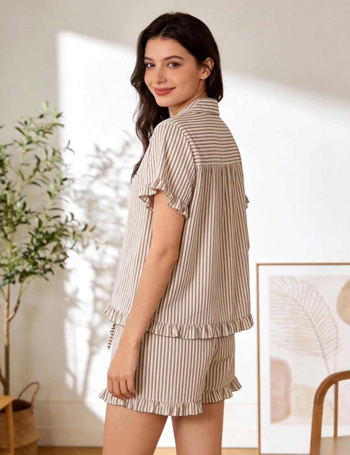 imageTanming Womens Striped Pajama Sets Button Down Pjs 2 Piece Short Sleeve Sleepwear with Shorts Soft LoungewearKhaki