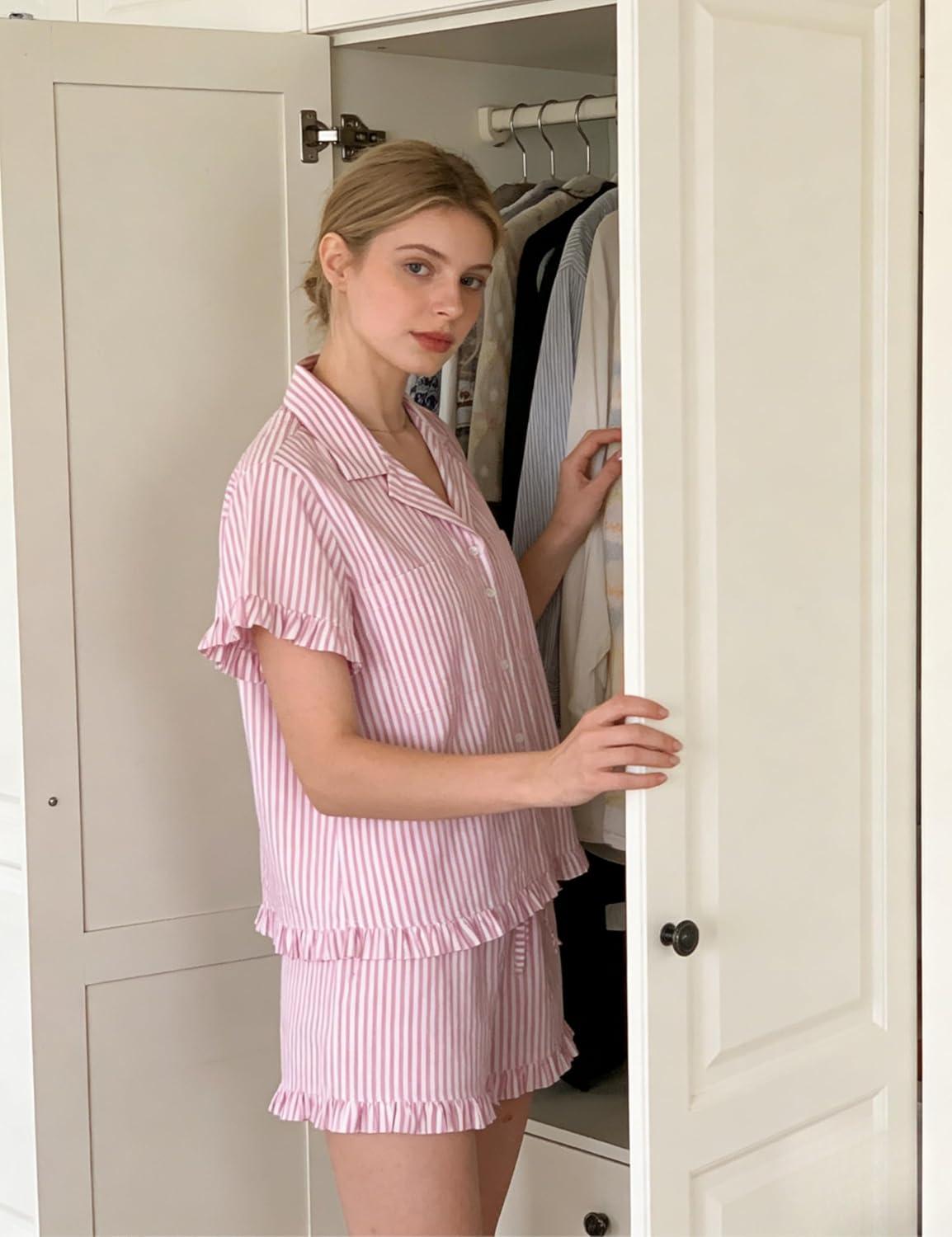 imageTanming Womens Striped Pajama Sets Button Down Pjs 2 Piece Short Sleeve Sleepwear with Shorts Soft LoungewearPink