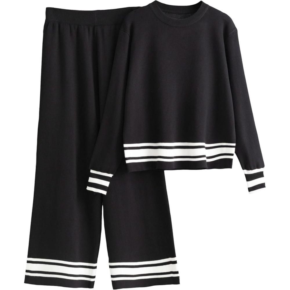 imageTanming 2 Piece Sets For Women Knit Lounge Set Long Sleeve Pullover Wide Leg Pants Spring Fall Matching Outfits TracksuitsBlack