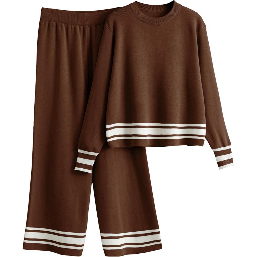 imageTanming 2 Piece Sets For Women Knit Lounge Set Long Sleeve Pullover Wide Leg Pants Spring Fall Matching Outfits TracksuitsBrown
