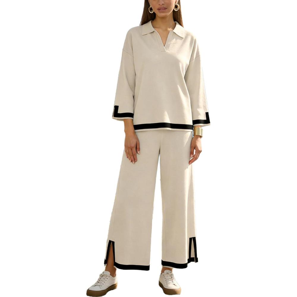 imageTanming Womens 2 Piece Outfits 34 Sleeve Knit Sweater Top Wide Leg Pants Travel Set TracksuitsApricot