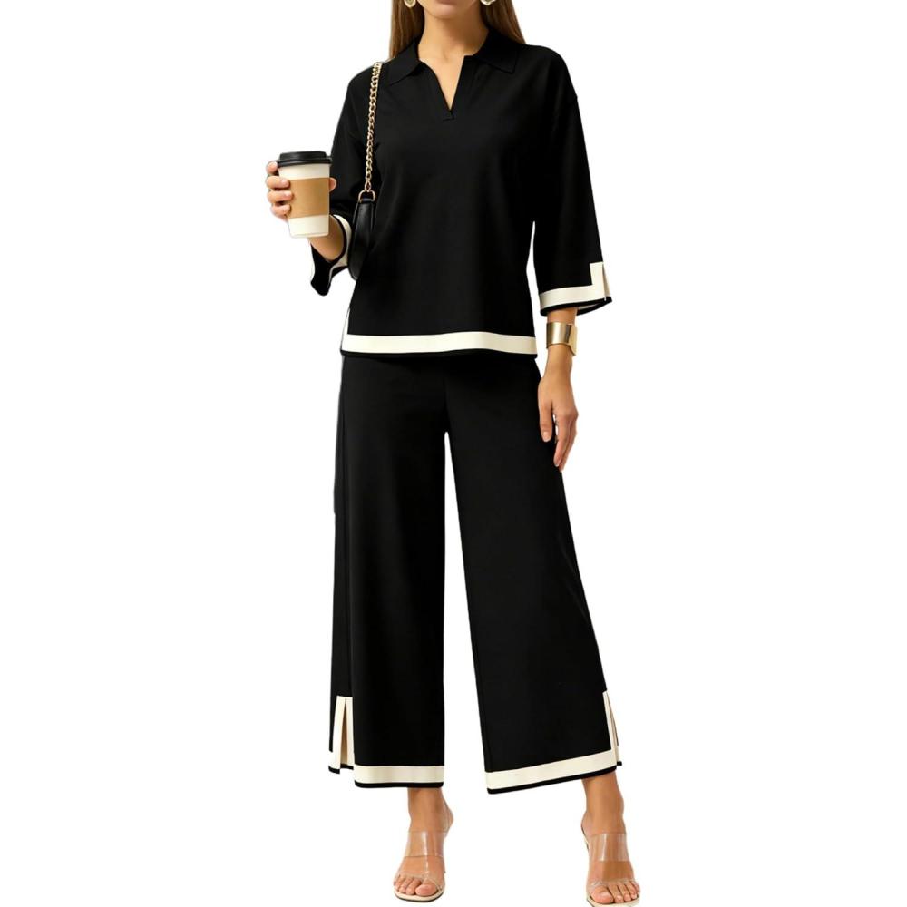imageTanming Womens 2 Piece Outfits 34 Sleeve Knit Sweater Top Wide Leg Pants Travel Set TracksuitsBlack