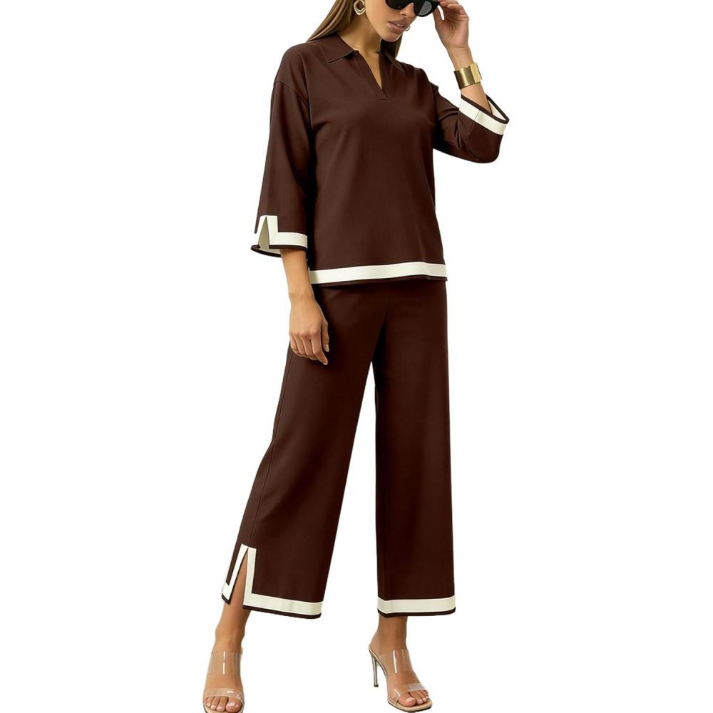 imageTanming Womens 2 Piece Outfits 34 Sleeve Knit Sweater Top Wide Leg Pants Travel Set TracksuitsBrown