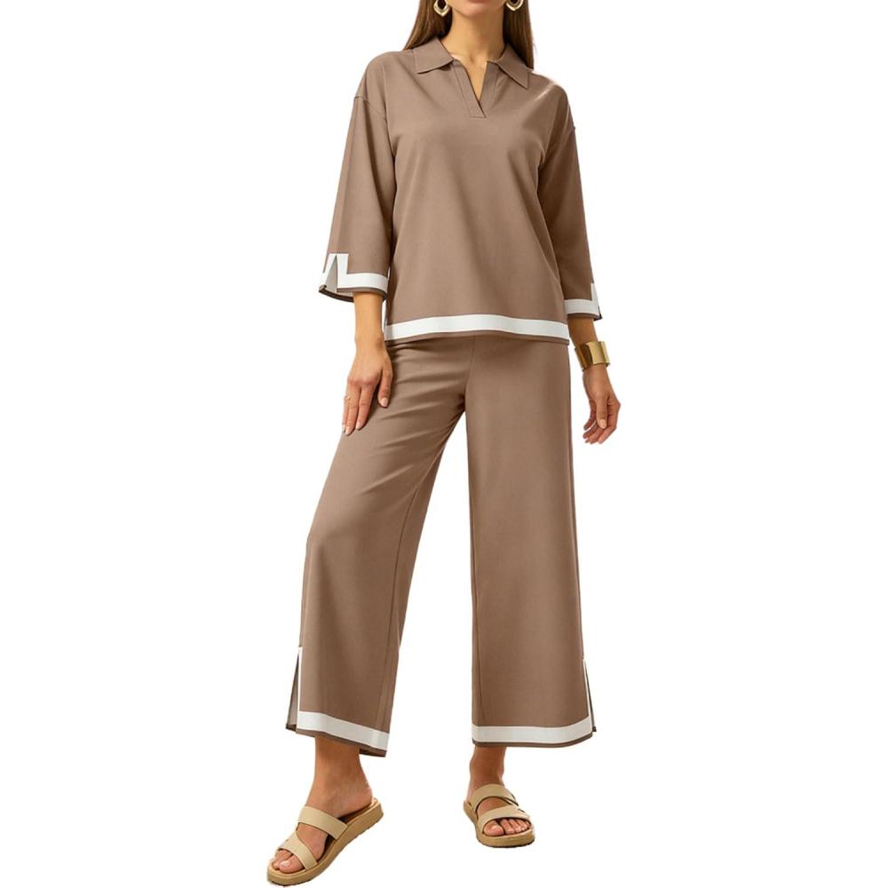 imageTanming Womens 2 Piece Outfits 34 Sleeve Knit Sweater Top Wide Leg Pants Travel Set TracksuitsKhaki