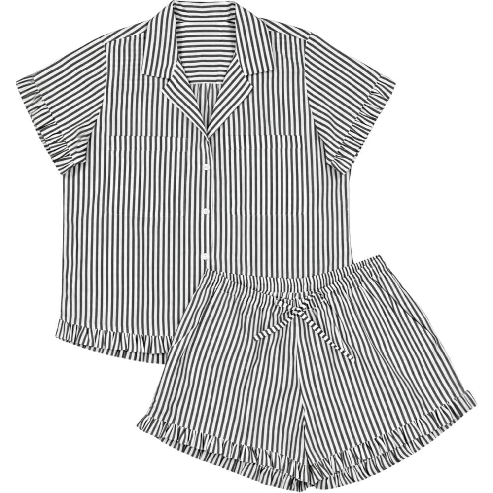 imageTanming Womens Striped Pajama Sets Button Down Pjs 2 Piece Short Sleeve Sleepwear with Shorts Soft LoungewearBlack
