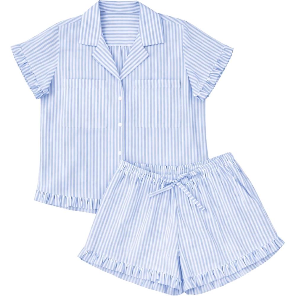 imageTanming Womens Striped Pajama Sets Button Down Pjs 2 Piece Short Sleeve Sleepwear with Shorts Soft LoungewearBlue