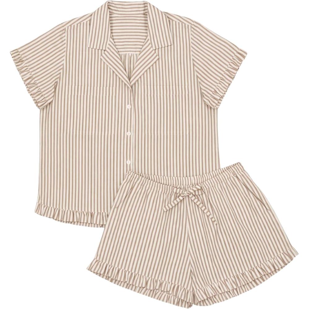 imageTanming Womens Striped Pajama Sets Button Down Pjs 2 Piece Short Sleeve Sleepwear with Shorts Soft LoungewearKhaki