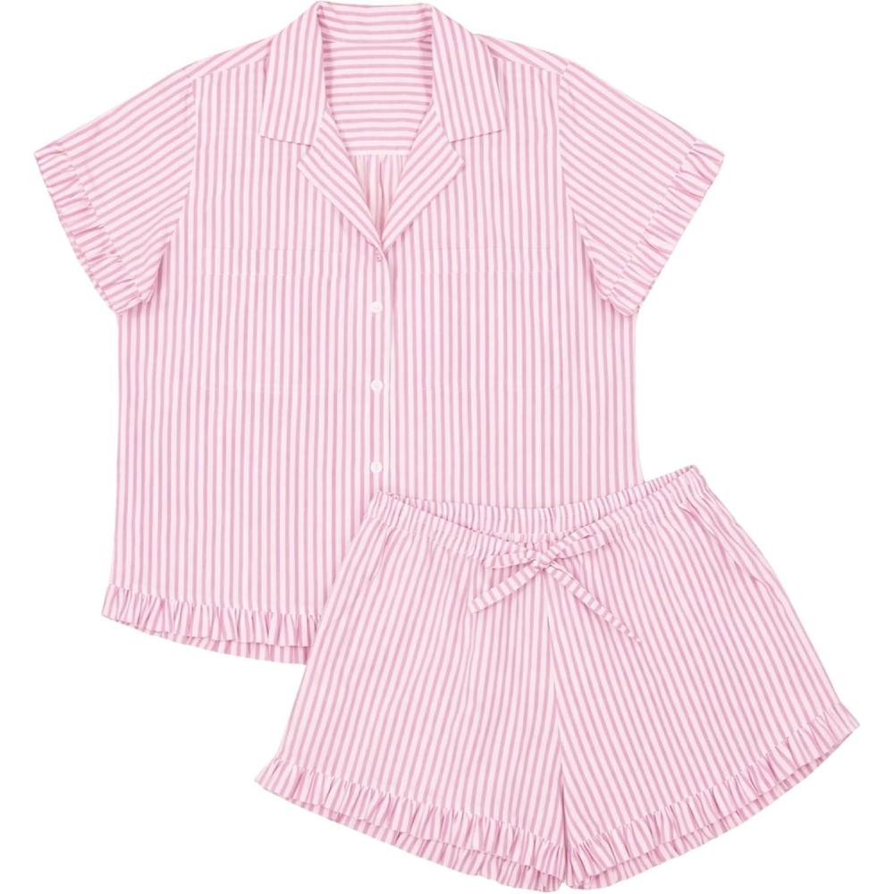 imageTanming Womens Striped Pajama Sets Button Down Pjs 2 Piece Short Sleeve Sleepwear with Shorts Soft LoungewearPink