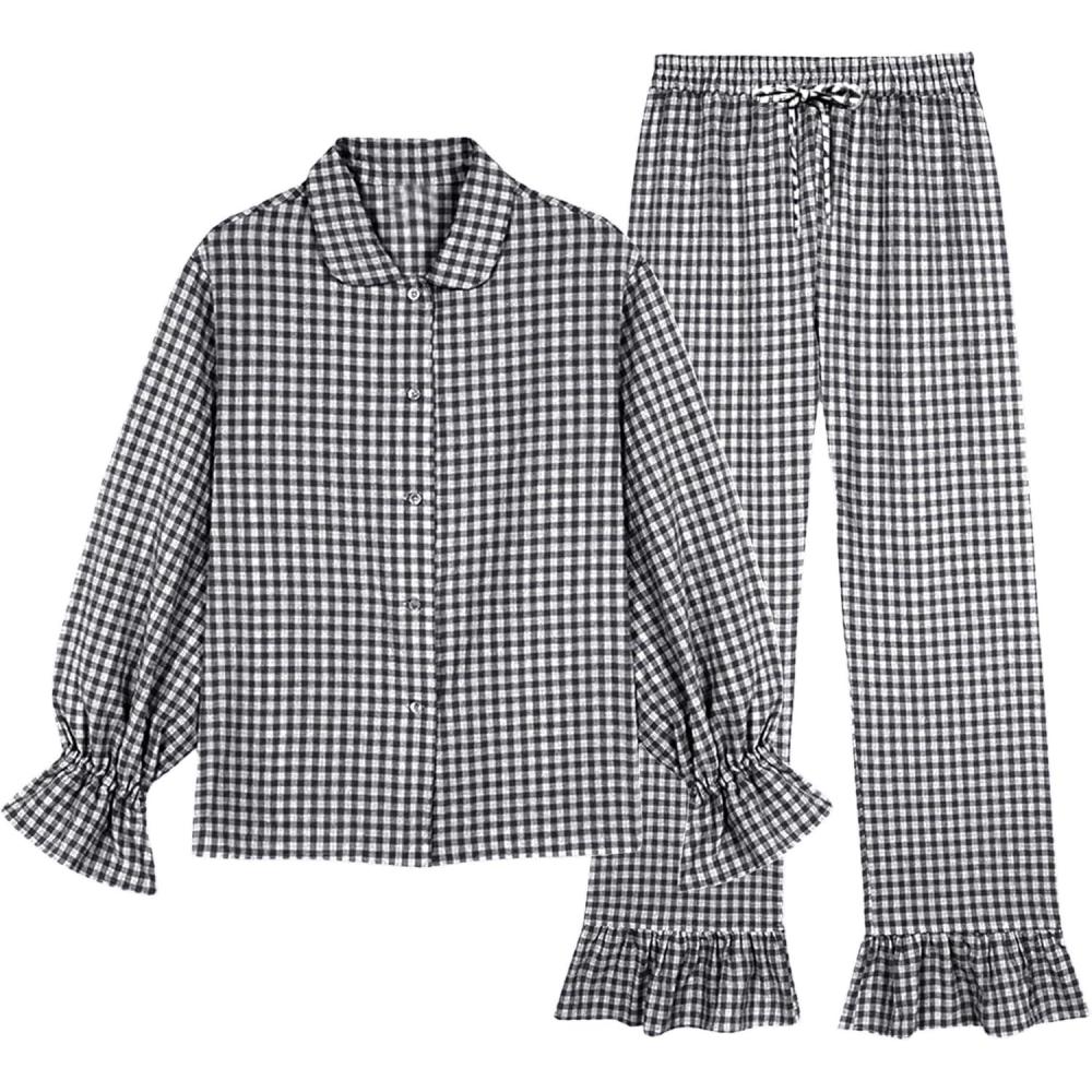 imageTanming Womens Two Piece Gingham Pajamas Sets Long Sleeve Plaid Button Down Shirt Ruffle Pants Lounge Pj SetBlack