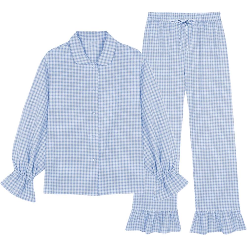 imageTanming Womens Two Piece Gingham Pajamas Sets Long Sleeve Plaid Button Down Shirt Ruffle Pants Lounge Pj SetBlue