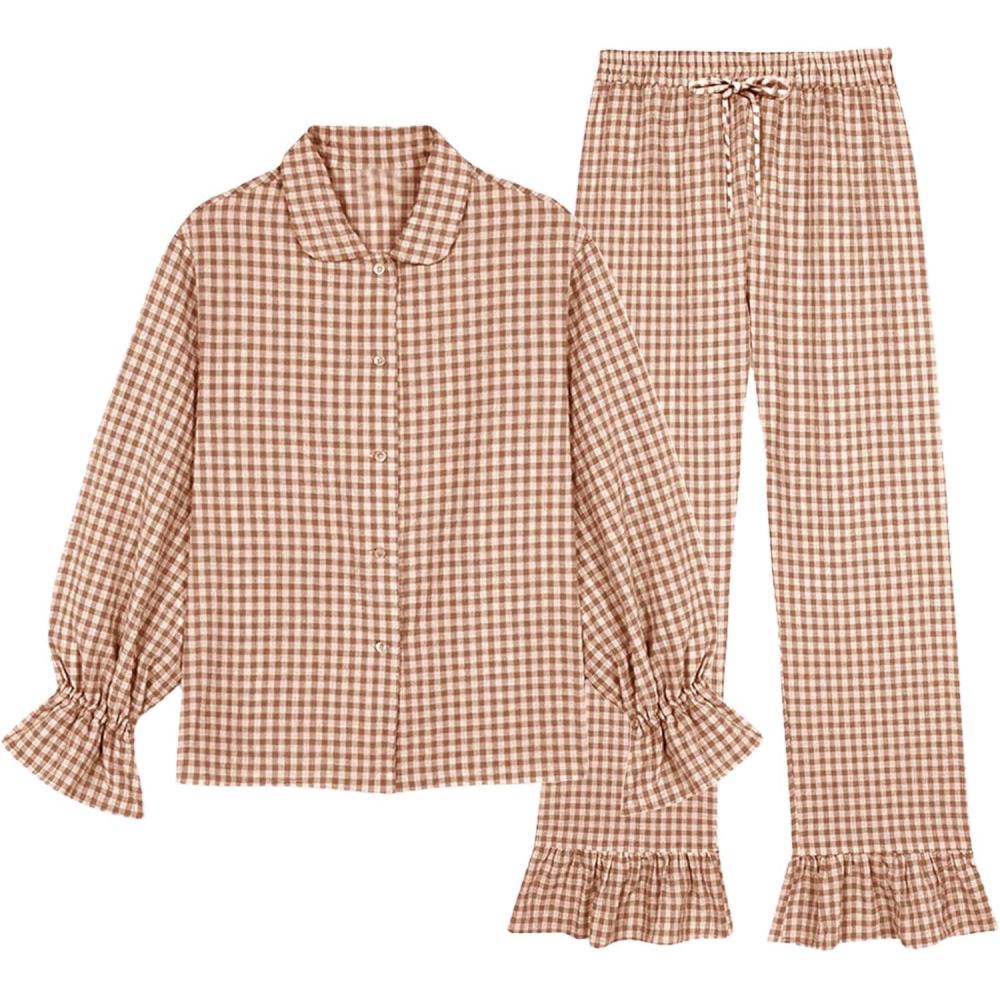 imageTanming Womens Two Piece Gingham Pajamas Sets Long Sleeve Plaid Button Down Shirt Ruffle Pants Lounge Pj SetBrown