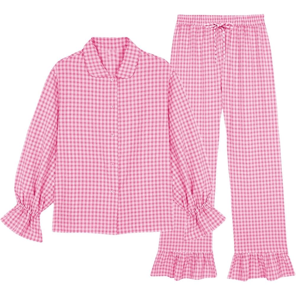 imageTanming Womens Two Piece Gingham Pajamas Sets Long Sleeve Plaid Button Down Shirt Ruffle Pants Lounge Pj SetPink